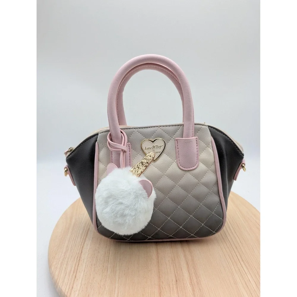 Luv Betsey Satchel Bag Womens Small Gray Pink Ombre Quilted Unicorn Pom Purse